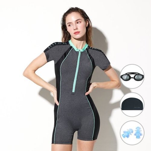 BASIC ELLE 베이직엘르 여성 반팔 반집업 3부 반전신 실내수영복 BEF-W104G_P336630082