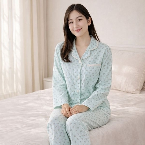 보슈아 3065 여성 레이스카라 긴팔 파자마 상하세트 거즈면 사계절 홈웨어 면100 국내산_P418476090