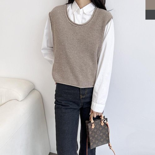 신상오픈런 |KMJ42EE|너므렐 여성 루즈핏 밑단 스웨터 조끼 유넥 심플