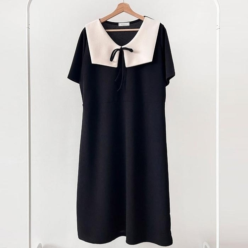 패션플러스 [강물처럼] 빅사이즈배색원피스 U403L504 브라이덜블랙리본원피스 BS (33572023A)