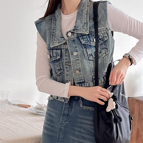 [셀러허브 패션]여자 청조끼 크롭 파워숄더 어깨패드 베스트