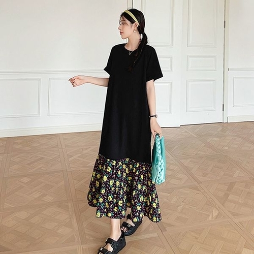 무드무드 에디츠 밑단 플라워 반팔 롱 원피스_P361014968