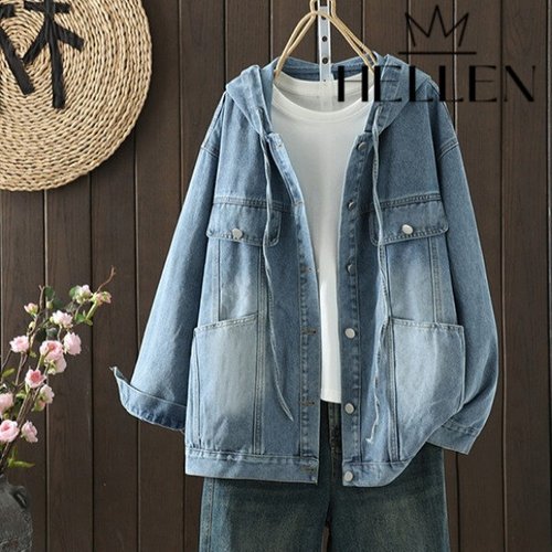 패션플러스 헬렌 데님 청 아우터 후드 자켓 머지후디청자켓 B-582
