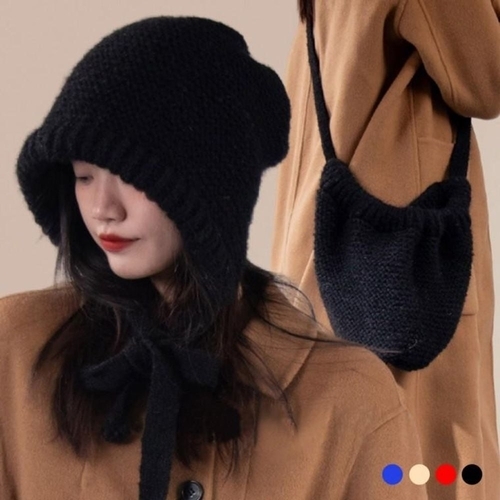 기타 여성모자 여성 겨울 귀여움 패션 니트 리본 끈 매듭 비니 모자 군밤모자 방한모자 여자모자 귀달이모자