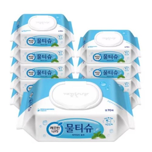 셀러허브 생활리빙 깨끗한나라 물티슈 페퍼민트 블루 캡형 70매 X 10팩 대용량 /J