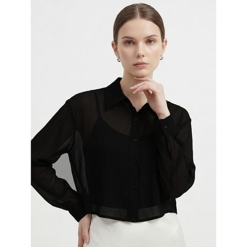 마미스클로젯 여성 카라넥 뒷단추 시스루 크롭 셔츠 블라우스 NARU-WBL-21177-블랙_P420394957