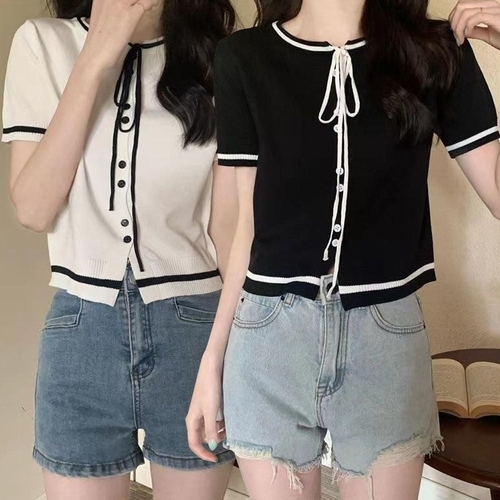 기타 여성 반크롭 스타일 귀여운 디자인 여름 니트 가디건 (KYR-WE45680)