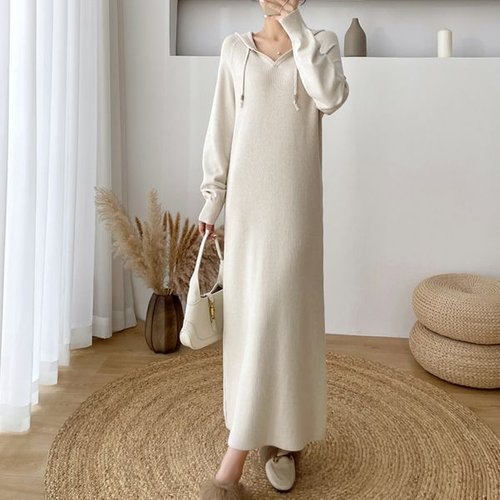 나인포시즌 쥬린 니트 골지 후드 롱 원피스_P329777277