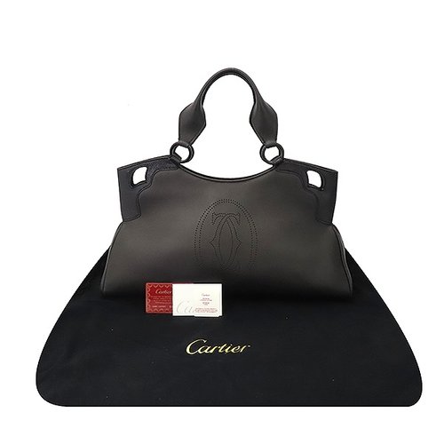 [중고] [까르띠에]고이비토 중고명품  블랙레더 은장 마르첼로 L사이즈 퍼포 로고 토트백