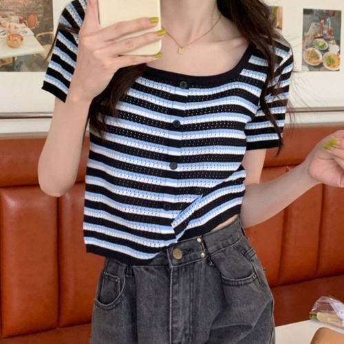 기타 여자 여름 스퀘어넥 스트라이프 티셔츠 가디건 반팔티 (KYR-WEE8AA2)