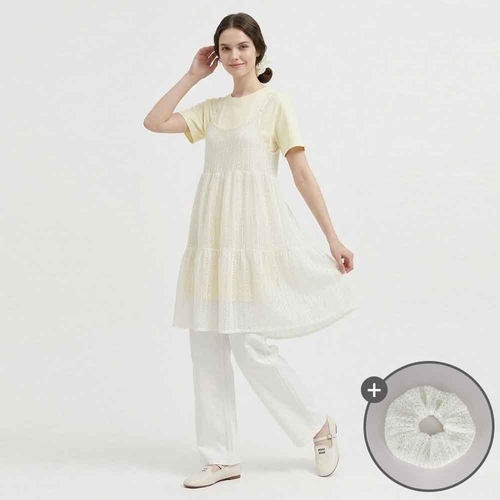 샵앤 여성 라운드 반팔 롱티 뜨개 레이스 끈나시 캉캉원피스 세트 SHA-WSET-21167-옐로우