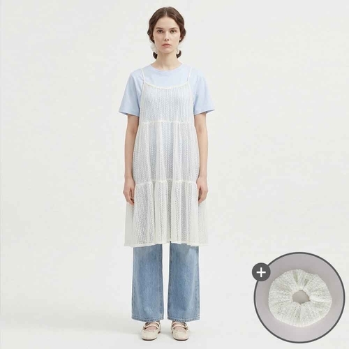 샵앤 여성 라운드 반팔 롱티 뜨개 레이스 끈나시 캉캉원피스 세트 SHA-WSET-21167-블루