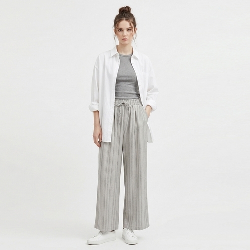 샵앤 여성 허리밴딩 스트라이프 루즈핏 와이드 줄 팬츠 NTT-WPT-21158-회베이지