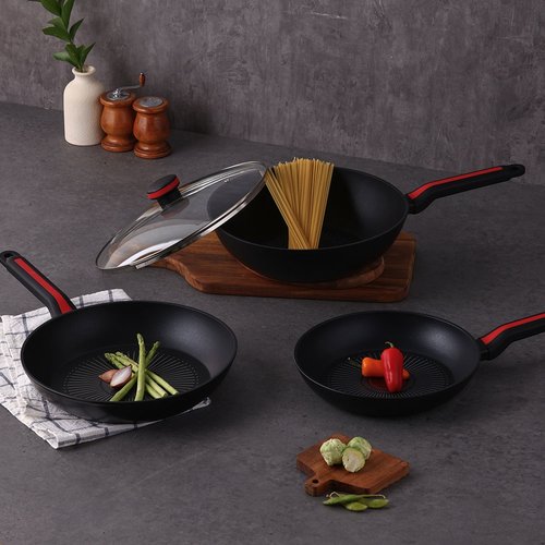 밀양본차이나 [쿠안] 인덕션 레이디블랙 논스틱 코팅 센서 4종 세트 (28cm웍+28cm프라이팬+24cm프라이팬+유리뚜껑28cm)