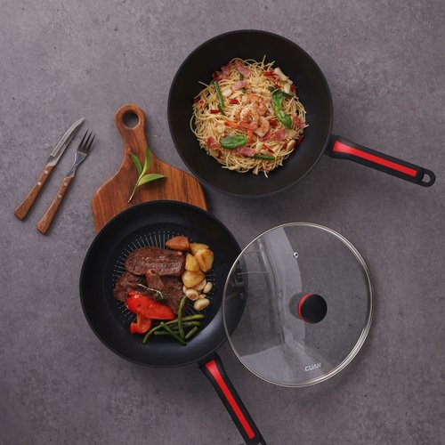 밀양본차이나 [쿠안] 인덕션 레이디블랙 논스틱 코팅 센서 3종 세트 (28cm웍+28cm프라이팬+유리뚜껑28cm)