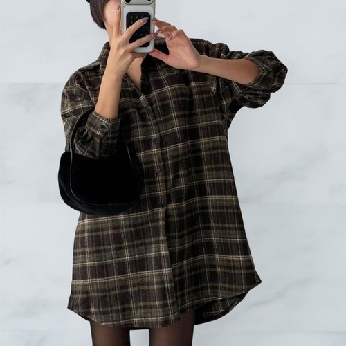 옷자락 여성 체크 미니원피스 레이어드 랩치마와 플레어 셔츠_P410578281