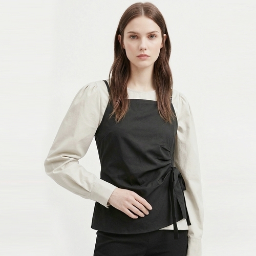 샵앤 여성 퍼프 긴팔 블라우스 옆리본 뷔스티에 조끼 세트 SHA-WSET-21165-차콜