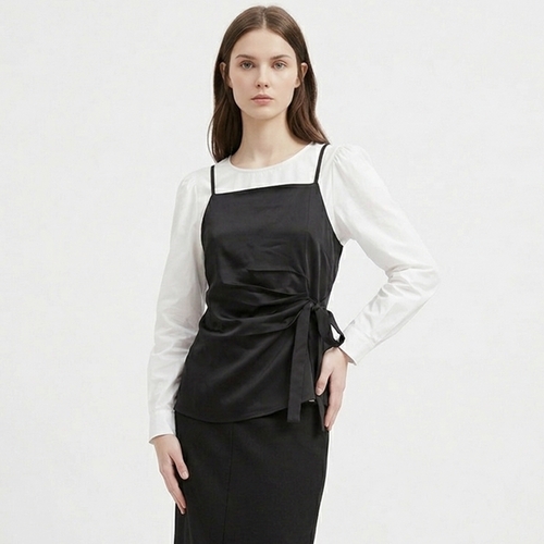 샵앤 여성 퍼프 긴팔 블라우스 옆리본 뷔스티에 조끼 세트 SHA-WSET-21165-블랙