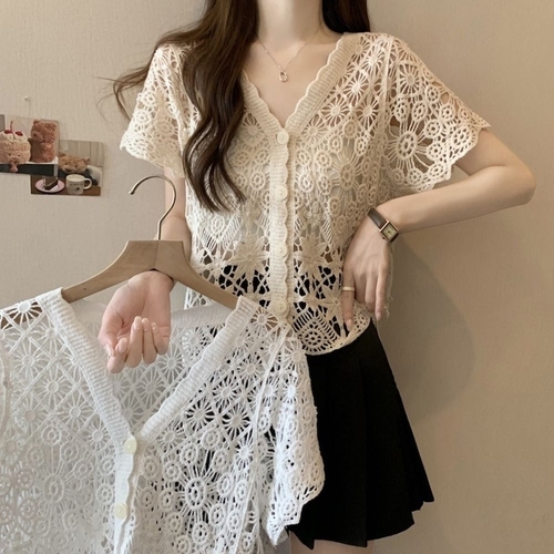 기타 여성 크로쉐 뜨개 반팔 브이넥 여름 가디건 (KYR-WFK5LCK)