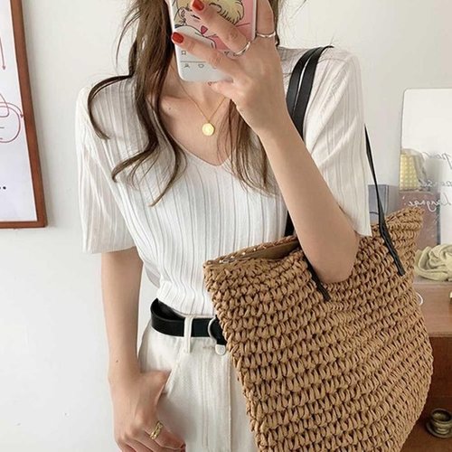 셀러허브 패션 [오노마] ONM 여름 출근룩 브이넥 스타일링 썸머 니트 반팔티