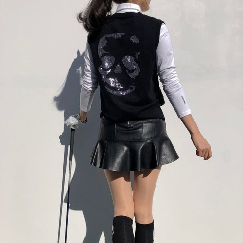 기타 로로얼로이 여성골프조끼 홀리데이 스컬 브이넥 베스트 골프 니트조끼 라운딩룩