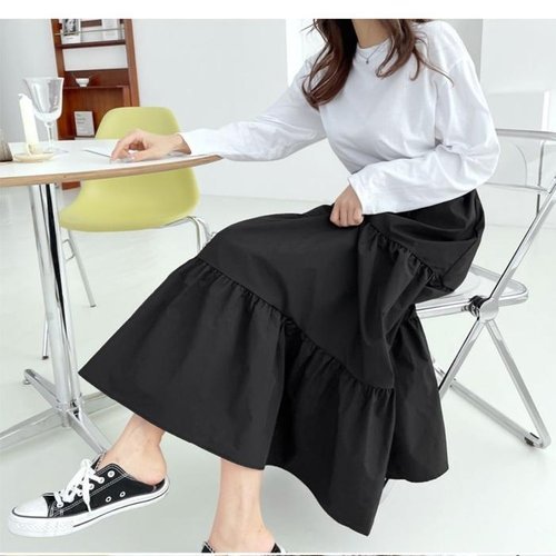 셀러허브 패션 [QNT0U702_58]여자 롱스커트 여름 캉캉 블랙 밴딩치마 3단