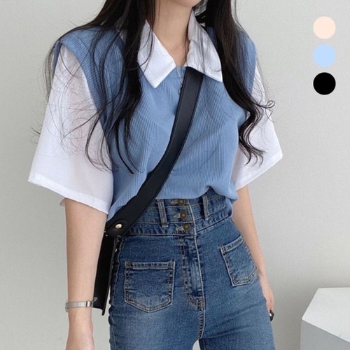 오너클랜 인기상품 여성 페이크 니트 셔츠 반팔 티셔츠 URK-310 [WE82BEE250916]