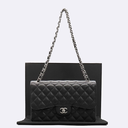 샤넬 고이비토 중고명품 Chanel(샤넬) A58600 블랙 캐비어스킨 클래식 점보 L사이즈 은장 체인 플랩 숄더백