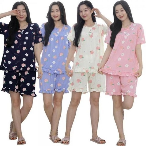 셀러허브 패션 [라일리의류] Rly bns 여성 프릴 잠옷 반팔 세트 복숭아 피치원