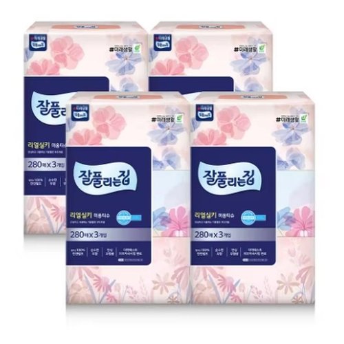 셀러허브 식품 잘풀리는집 리얼실키 미용티슈 280매 3입 4개