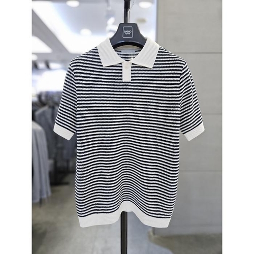 셀러허브 2 바쏘옴므 세이브존03 바쏘옴므 남자 네이비 단가라 티셔츠 반팔 카라 니트 WSAFA2WT17-A