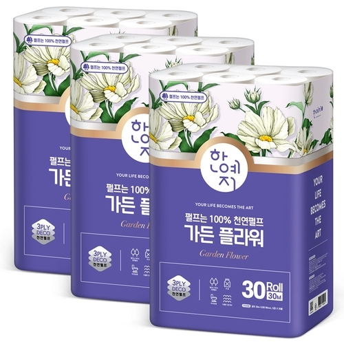 (주)한예지 한예지 가든 플라워 천연펄프 화장지 3겹 30m 30롤 3팩