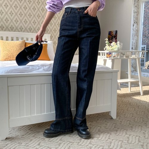 [시크블랙][시크블랙] 아라하 레트로 생지 레직기 스티치 롱 부츠컷 팬츠