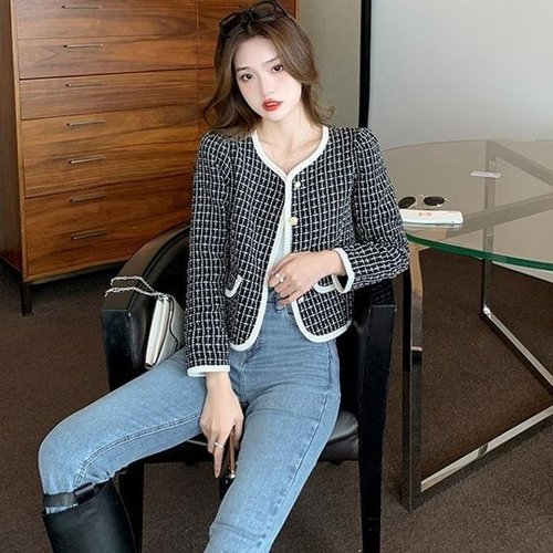 셀러허브 패션 [JHL977P1_51IB]트위드 크롭 배색컬러 자켓 재킷